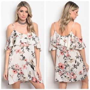 NWT Floral Cream Cold Shoulder Ruffle Dress